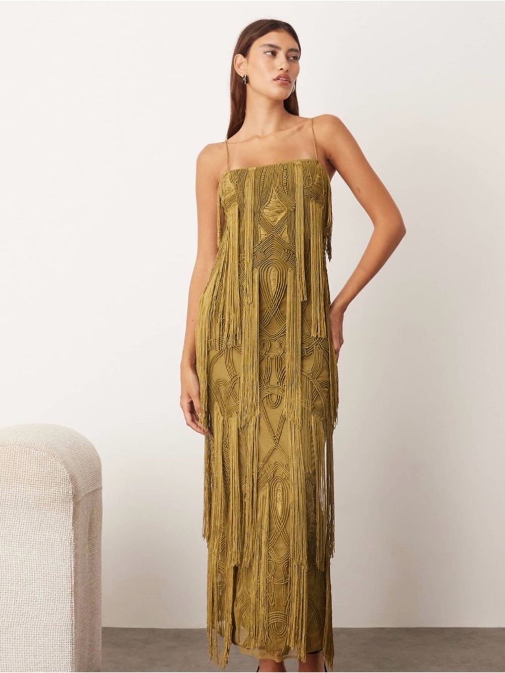 ASOS ARRANGE Fringe-Detail Midi Dress in Olive